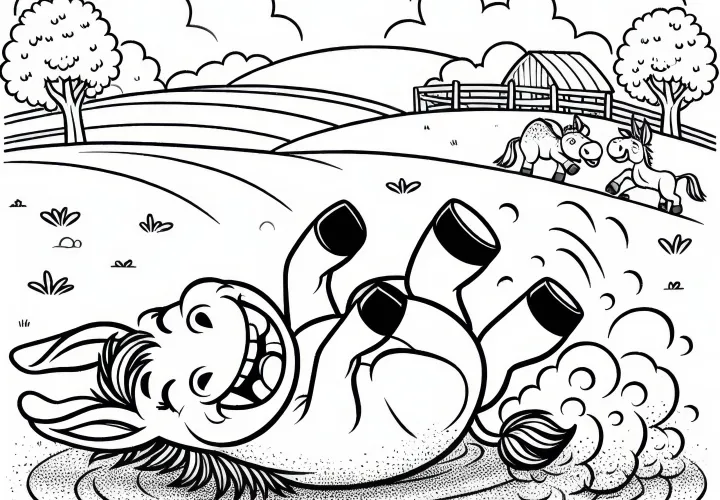 El burro se revuelca felizmente en la hierba en la arena: Plantilla de dibujo sencilla (Gratis)
