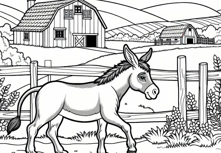Un burro trota por un camino de campo, granja de fondo: plantilla de color gratuita