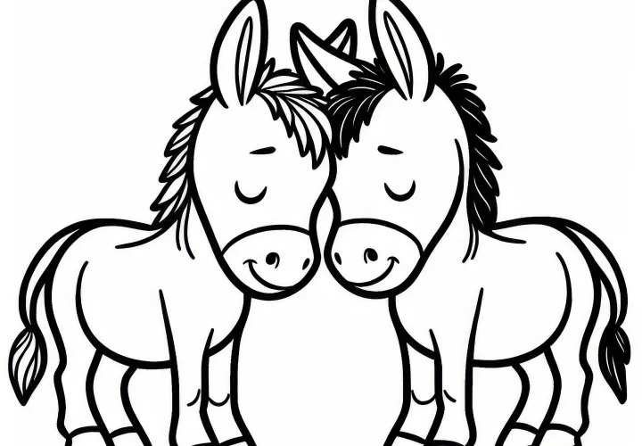 Dos burros se acurrucan juntos: Plantilla de dibujo sencilla (Gratis)