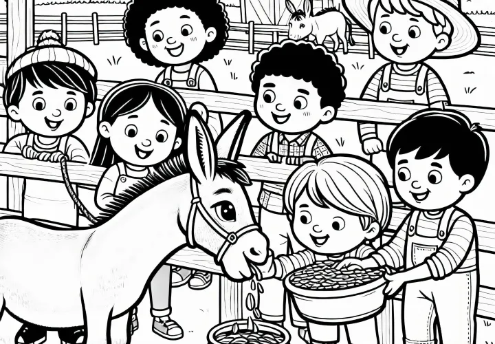 Burro alimentado por niños en la granja: Plantilla para descargar (Gratis)