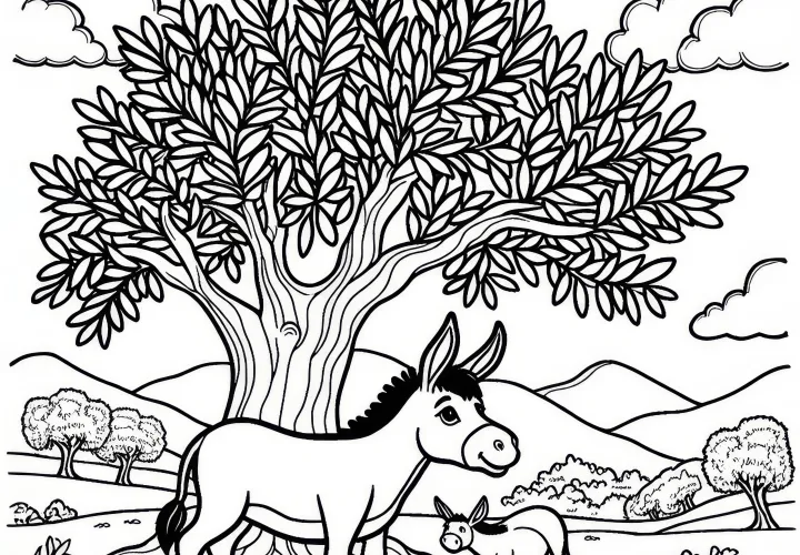 Burro bajo un olivo: Plantilla de dibujo simple (Gratis)