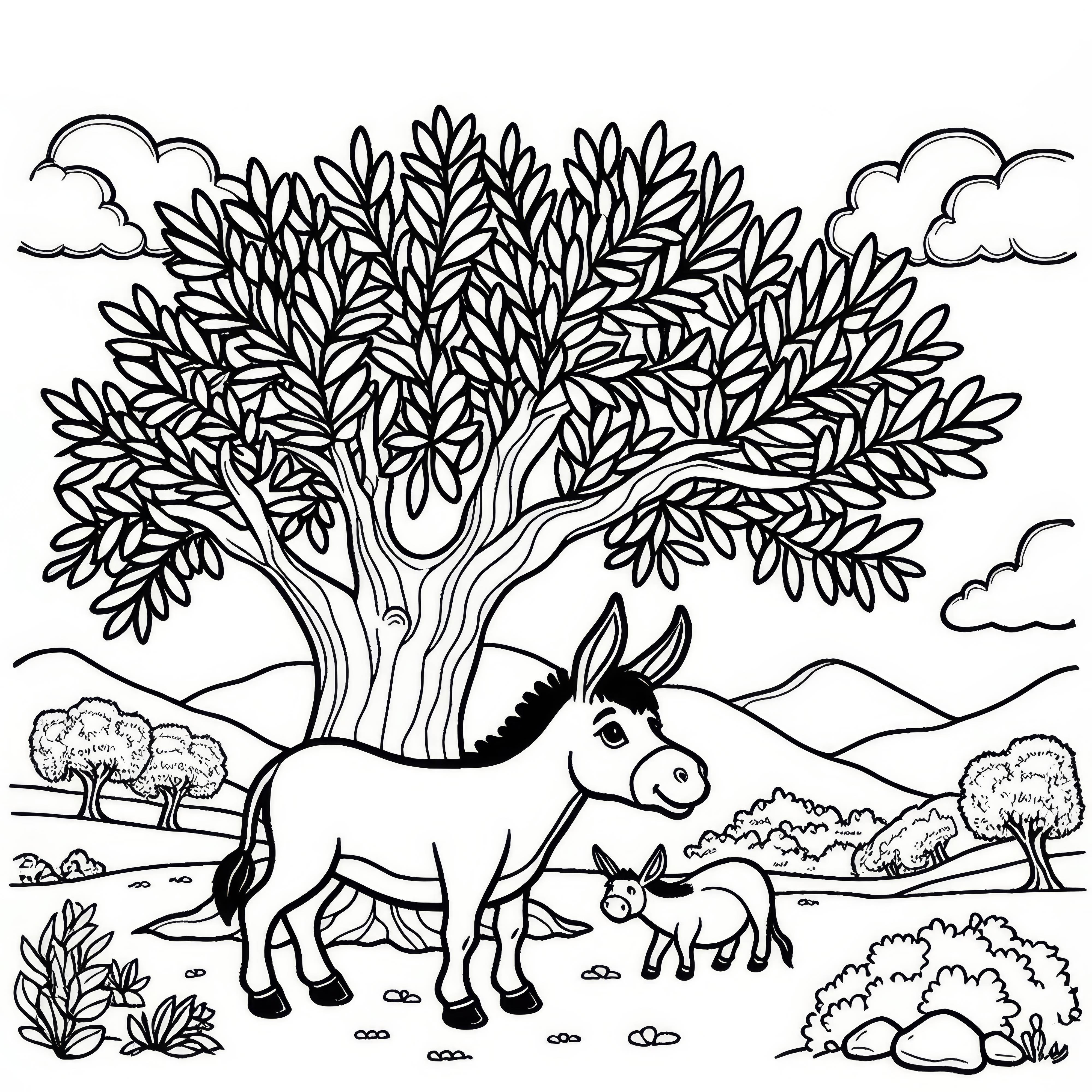 Eşek bir zeytin ağacının altında: Basit boyama şablonu (Ücretsiz)
