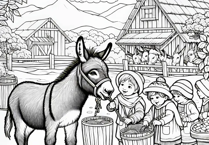 Un burro siendo alimentado por niños en una granja: dibujo para colorear para imprimir (Gratis)