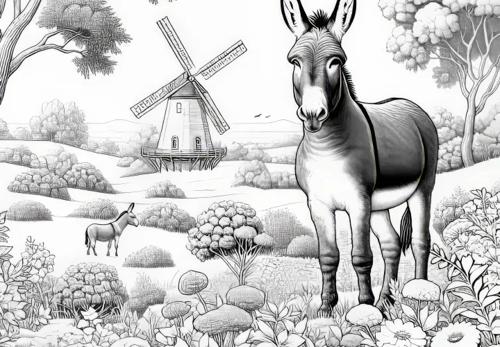 Burro en pradera de flores con molino al fondo: Imagen para colorear para descargar (gratis)