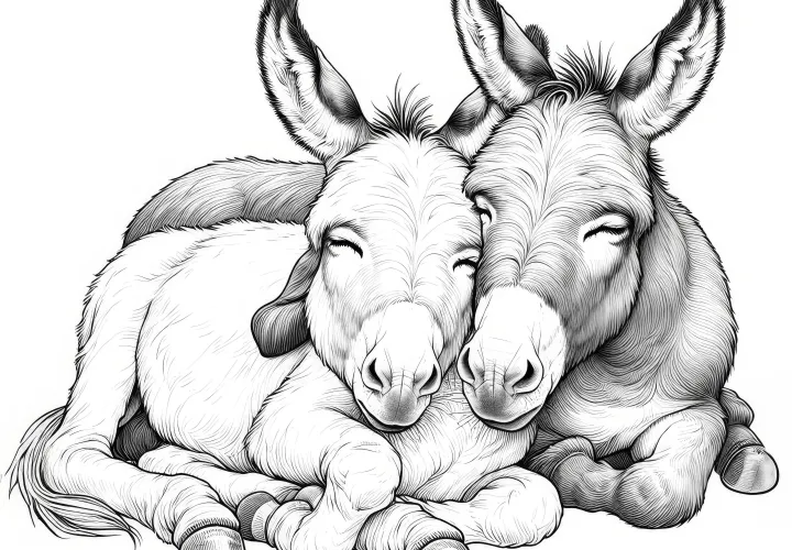Dos burros se acurrucan juntos: Bonita imagen para colorear (Gratis)