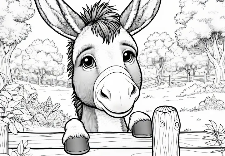 Burro con orejas grandes mira amablemente sobre la cerca: Linda plantilla para colorear (Gratis)