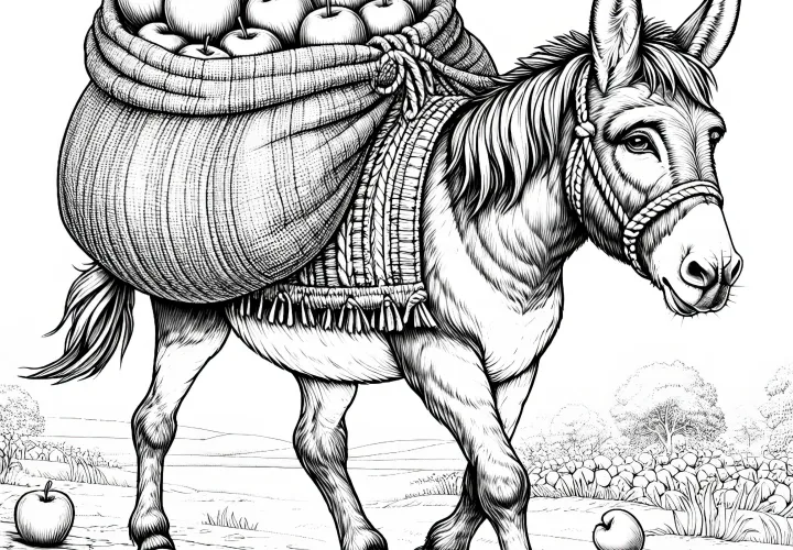 Burro lleva saco lleno de manzanas en la espalda: Plantilla de dibujo detallada (Gratis)