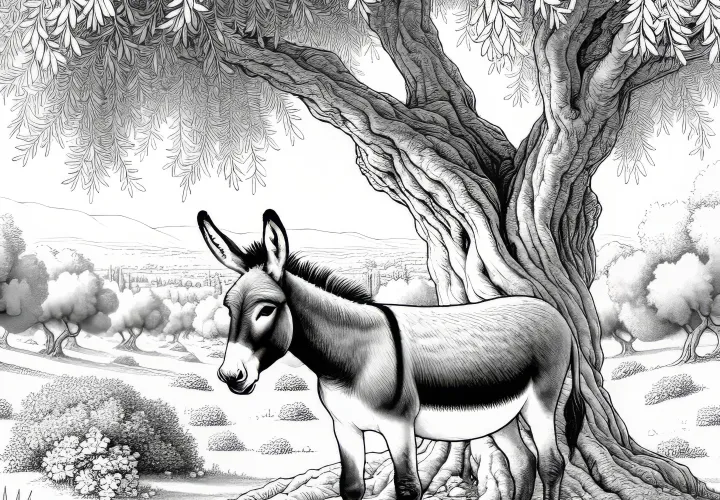 Burro bajo un olivo en un paisaje mediterráneo: Plantilla de colorear realista (Gratis)