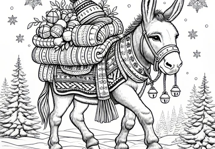Burro lleva manta con regalos: Imagen para colorear detallada (Gratis)