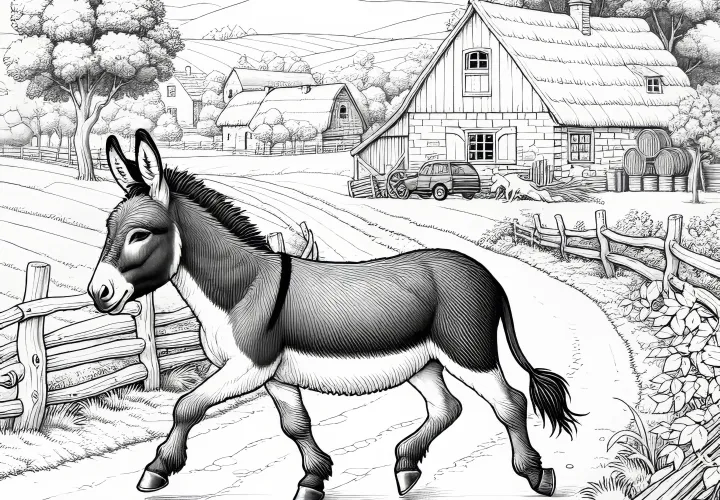 Un burro trota por un sendero de campo frente a una granja: Imagen para colorear realista (Gratis)