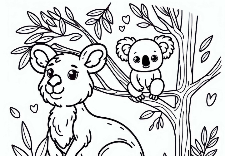Eukalyptus ağacında kanguru ve koala çizim sayfası (Ücretsiz)