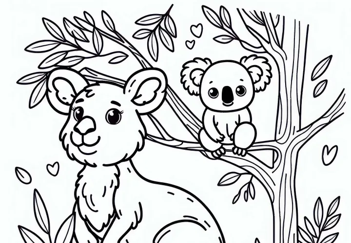 Kangaur z koala na drzewie eukaliptusowym jako obrazek do kolorowania (Darmowy)
