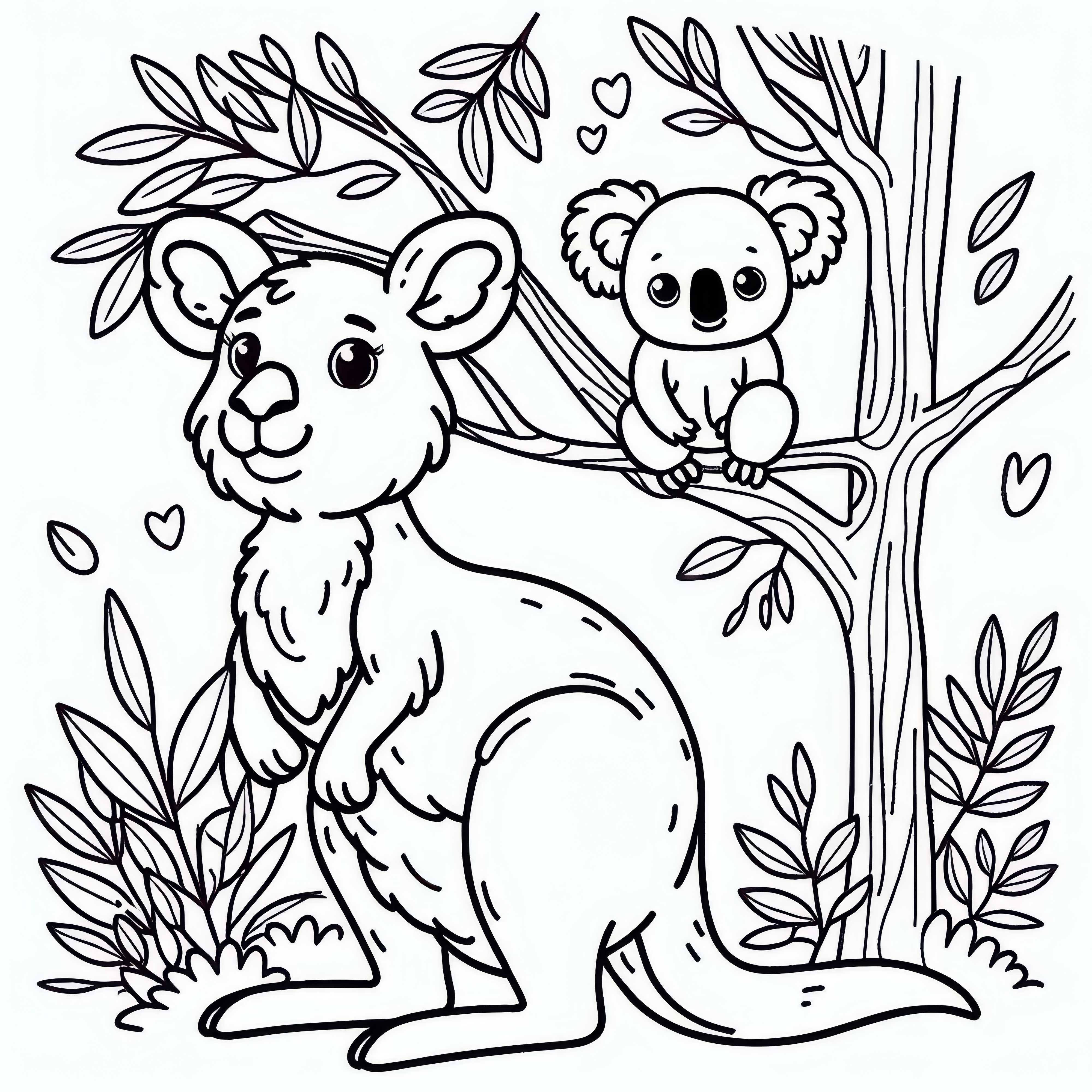 Ücretsiz olarak boyanabilecek Kenguru ve Eucalyptus ağacında Koala resmi