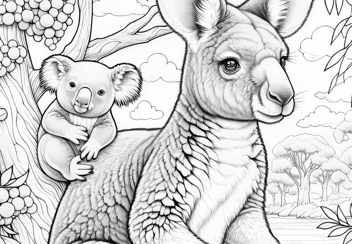 Kanguru ile Koala Eucalyptus Ağacı: İndirilebilir Boyama Şablonu (Ücretsiz)