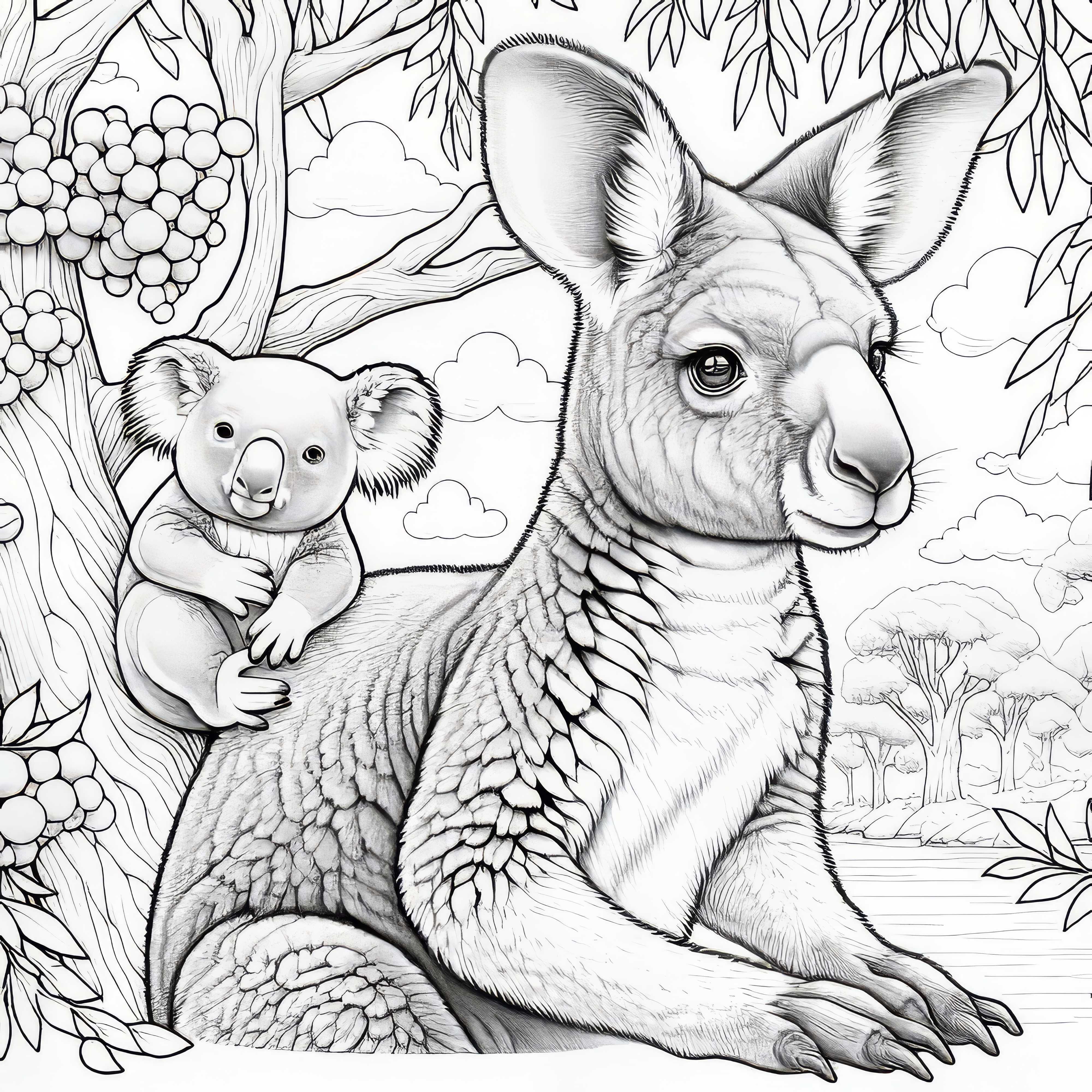 Kanguru ile Koala Eucalyptus Ağacı: İndirme için Boyama Sayfası (Ücretsiz)