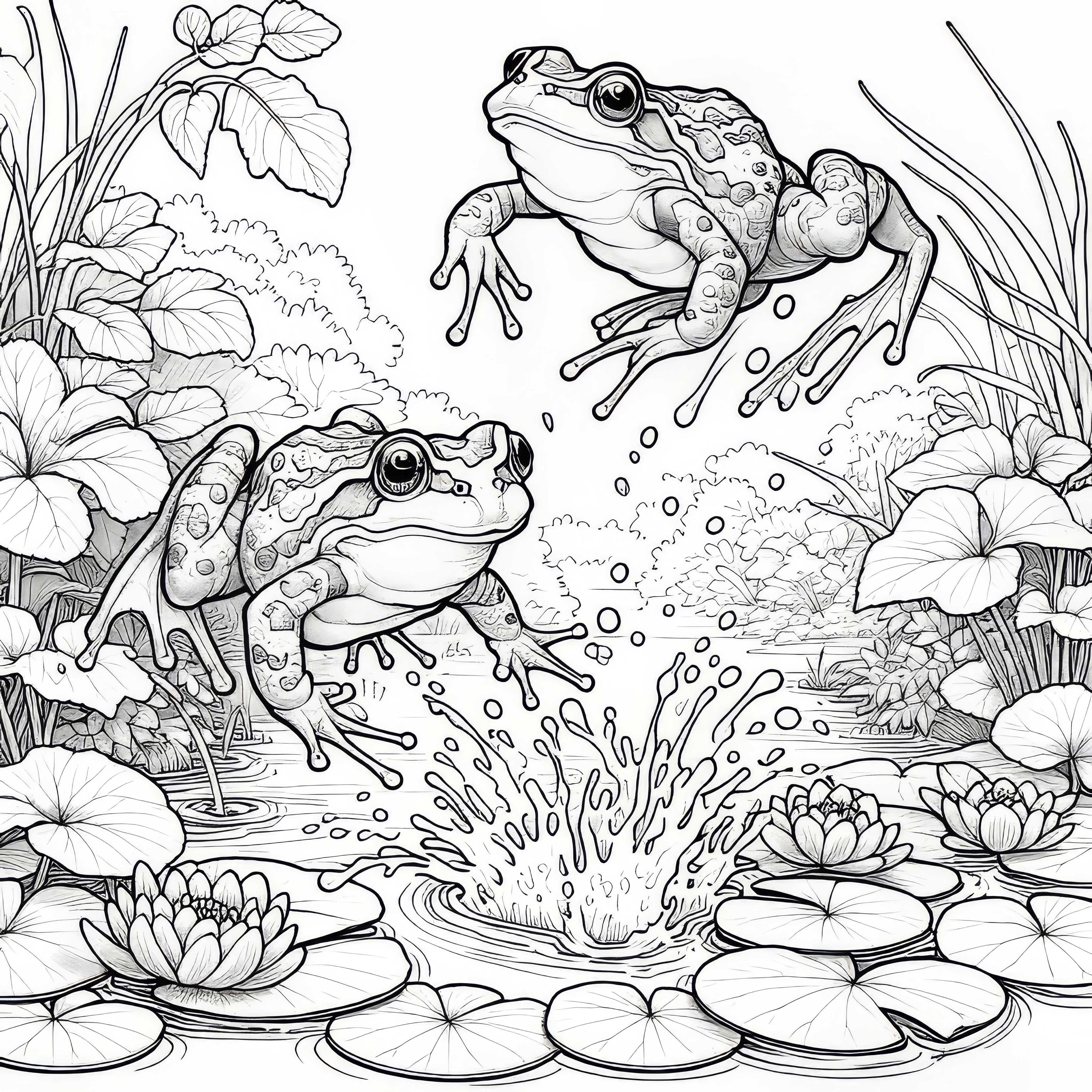 Dibujo para colorear de dos ranas saltando sobre un arroyo (Gratis)