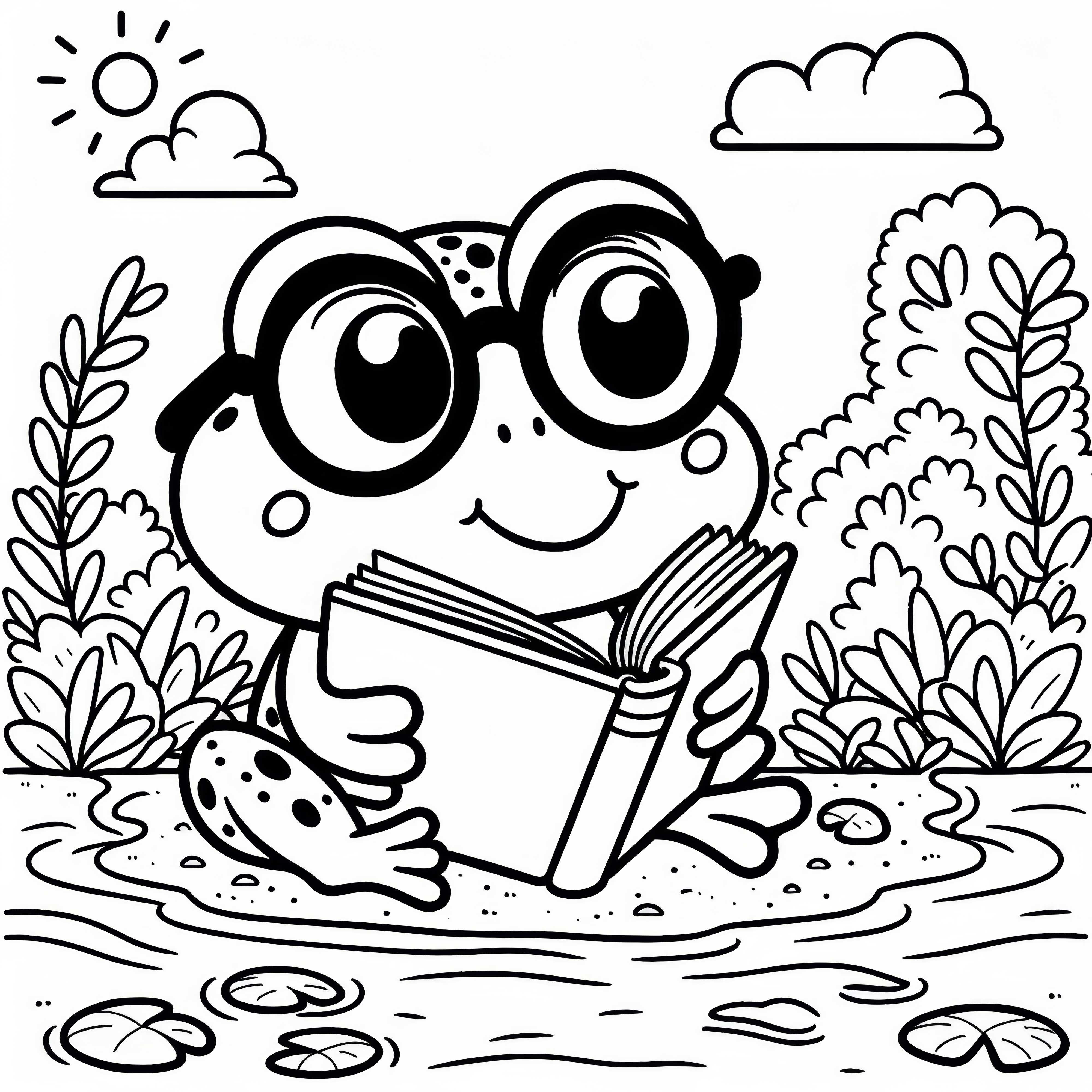 Sapo com óculos lê um livro: Desenho para colorir para crianças (Gratuito)