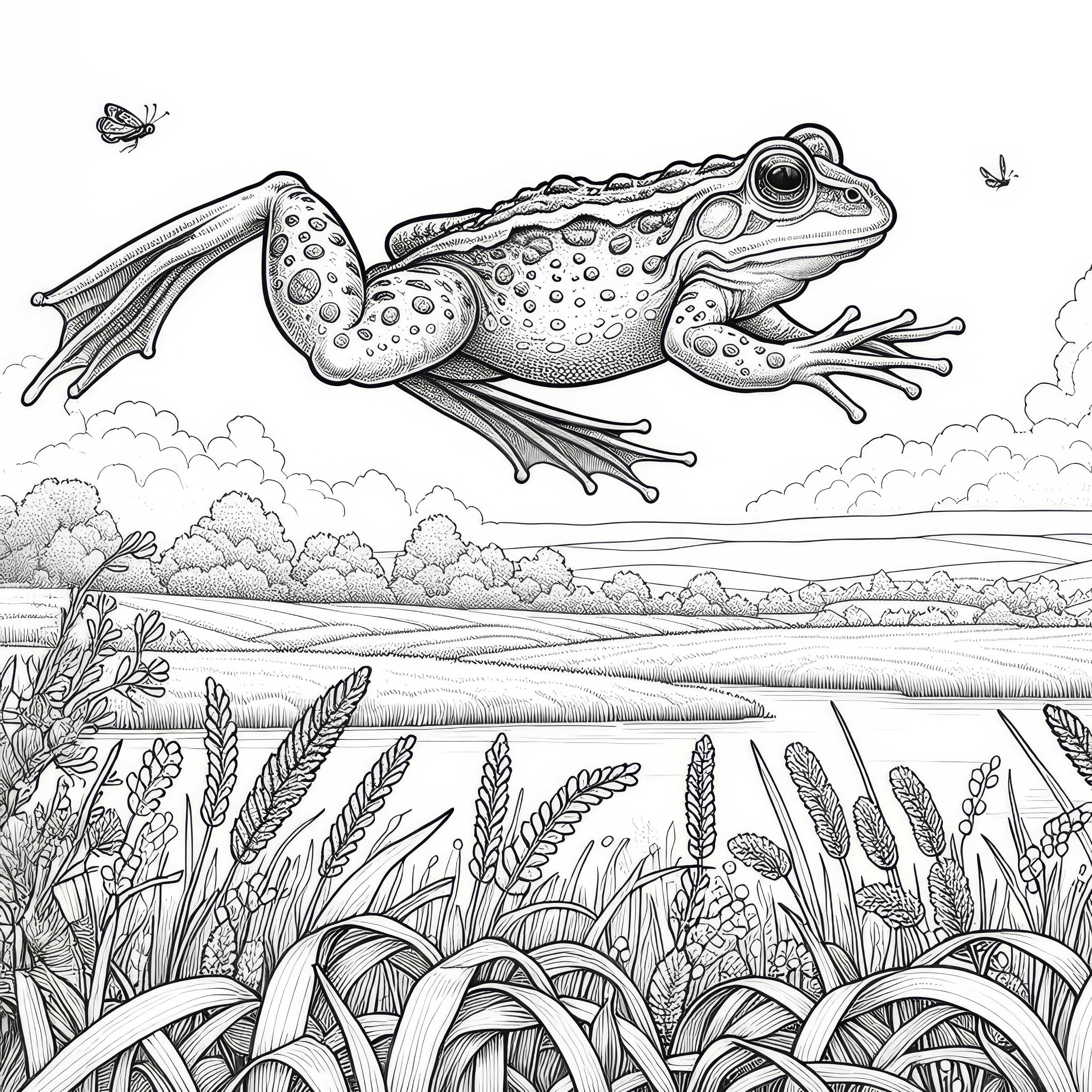Coloring page of a frog jumping over a field (Free)