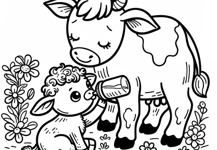 Kalfje drinkt melk: Eenvoudige kleurplaat (Gratis)