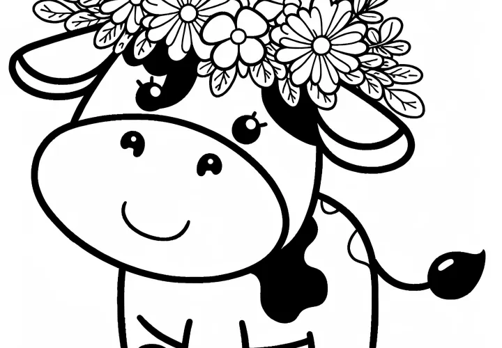 Vrolijke koe met bloemenkrans op het hoofd: Eenvoudige kleurplaat (Gratis)