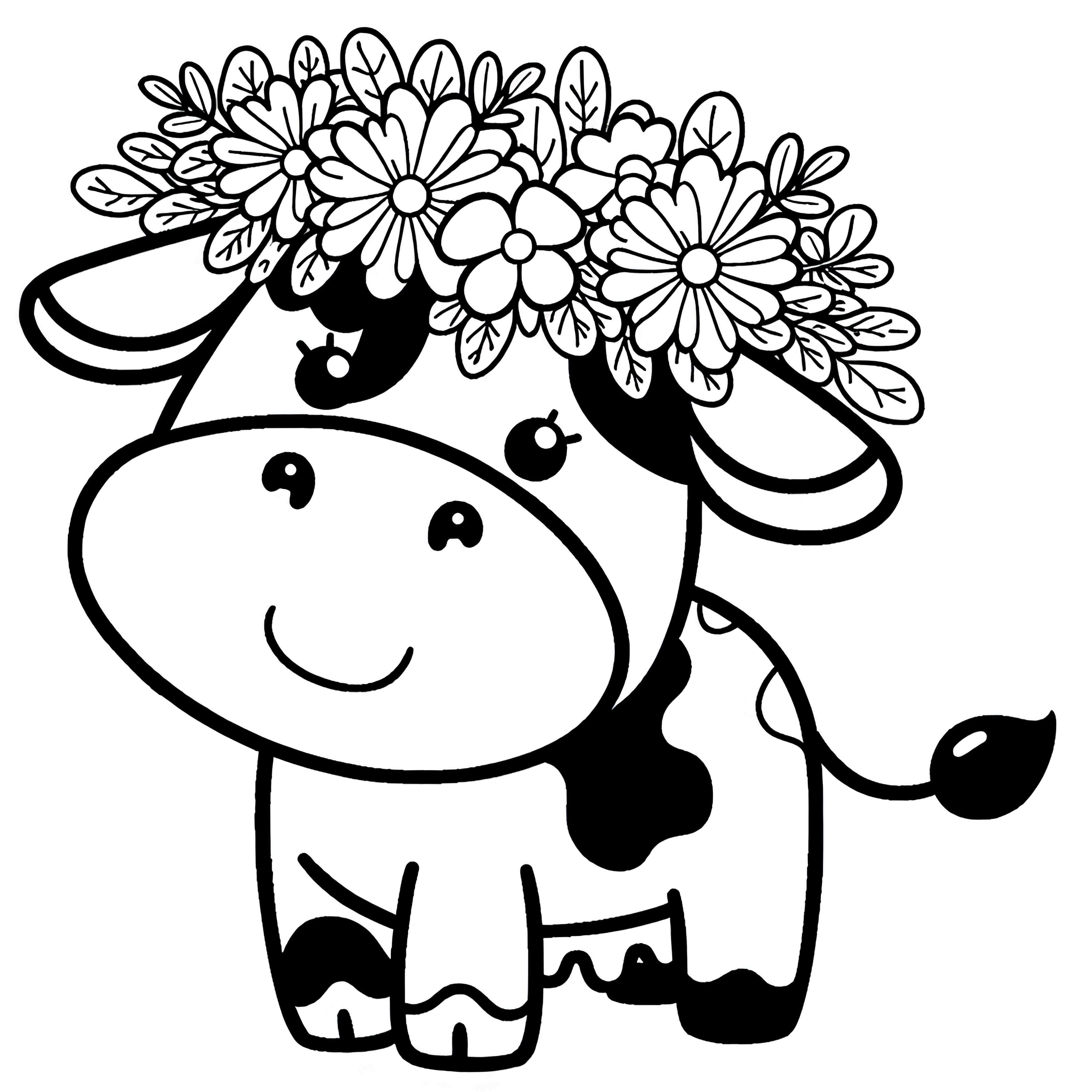 Vaca feliz con una corona de flores en la cabeza: Plantilla de dibujo simple (Gratis)