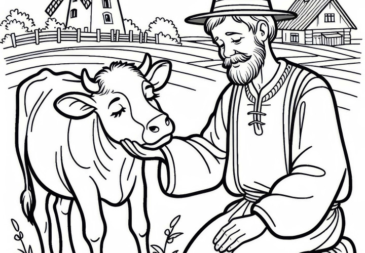 Vaca acariciada por el granjero en el prado: Imagen para colorear simple (Gratis) La vaca es acariciada por el granjero en el prado: Dibujo para colorear sencillo (Gratis)