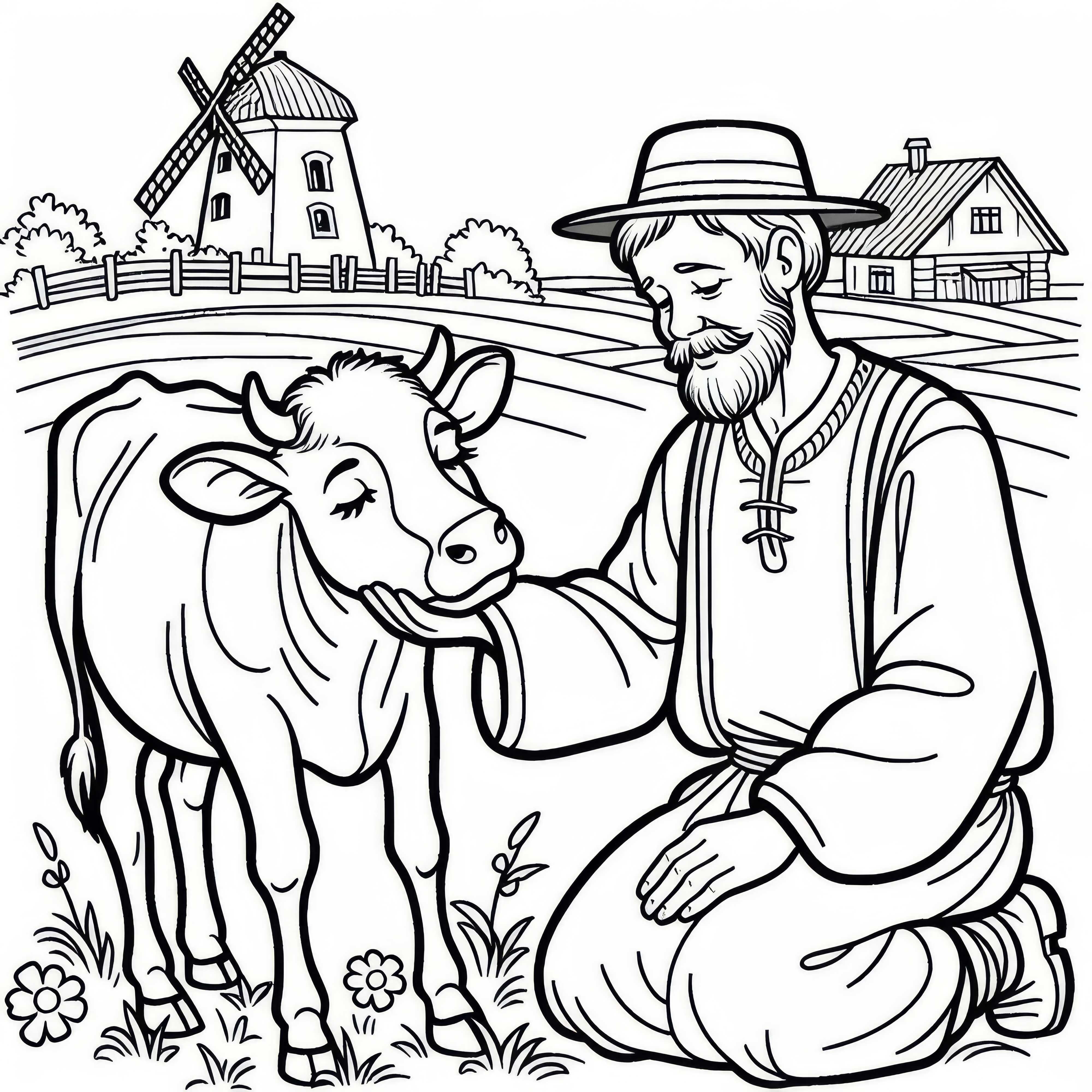 La vaca es acariciada por el granjero en el prado: Dibujo para colorear sencillo (Gratis)