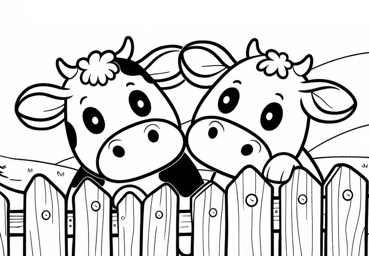 Dos vacas miran por la cerca de madera: Dibujo para colorear (Gratis) Dos vacas miran por encima de una cerca de madera: Dibujo para colorear sencillo (Gratis)
