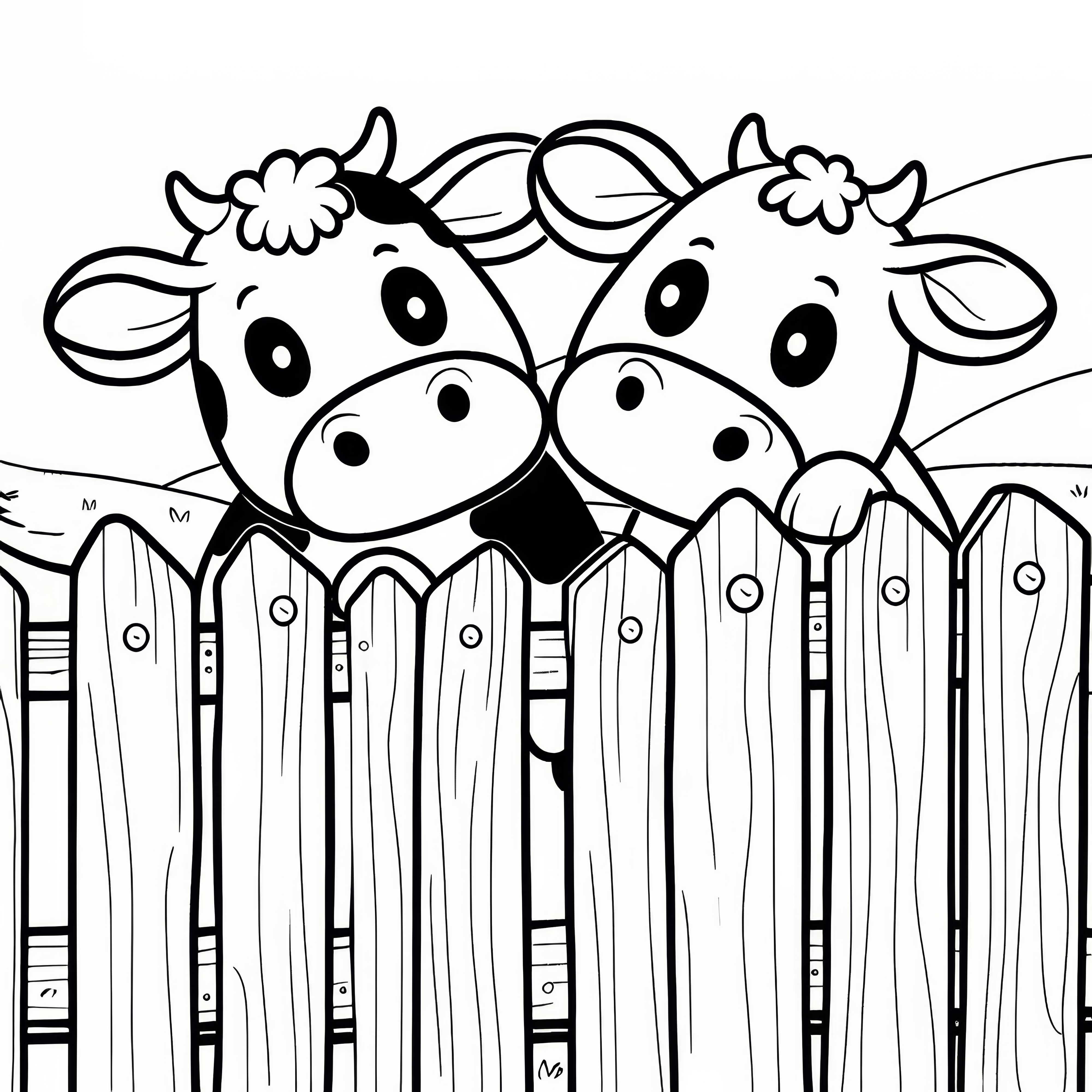 Dos vacas miran por encima de una valla de madera: dibujo para colorear sencillo (gratis)