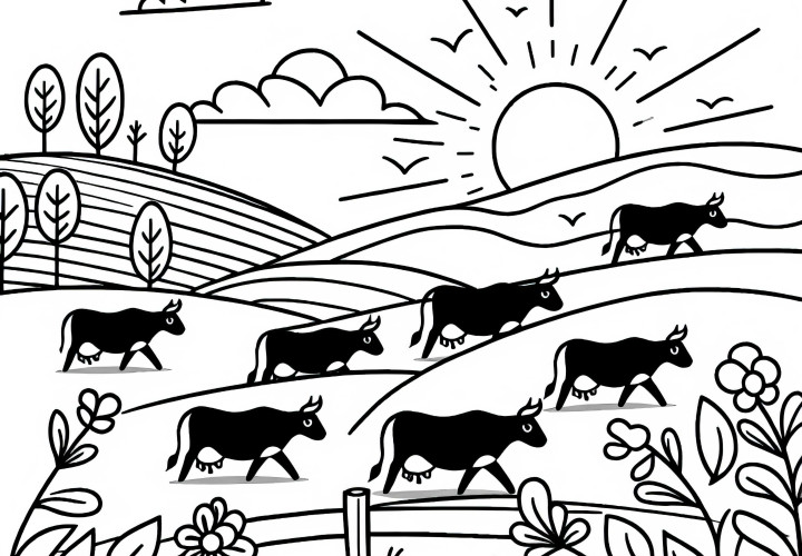 Las vacas corren sobre colinas al atardecer: Dibujo para colorear sencillo (Gratis) Las vacas corren por las colinas al atardecer: Imagen para colorear simple (Gratis)