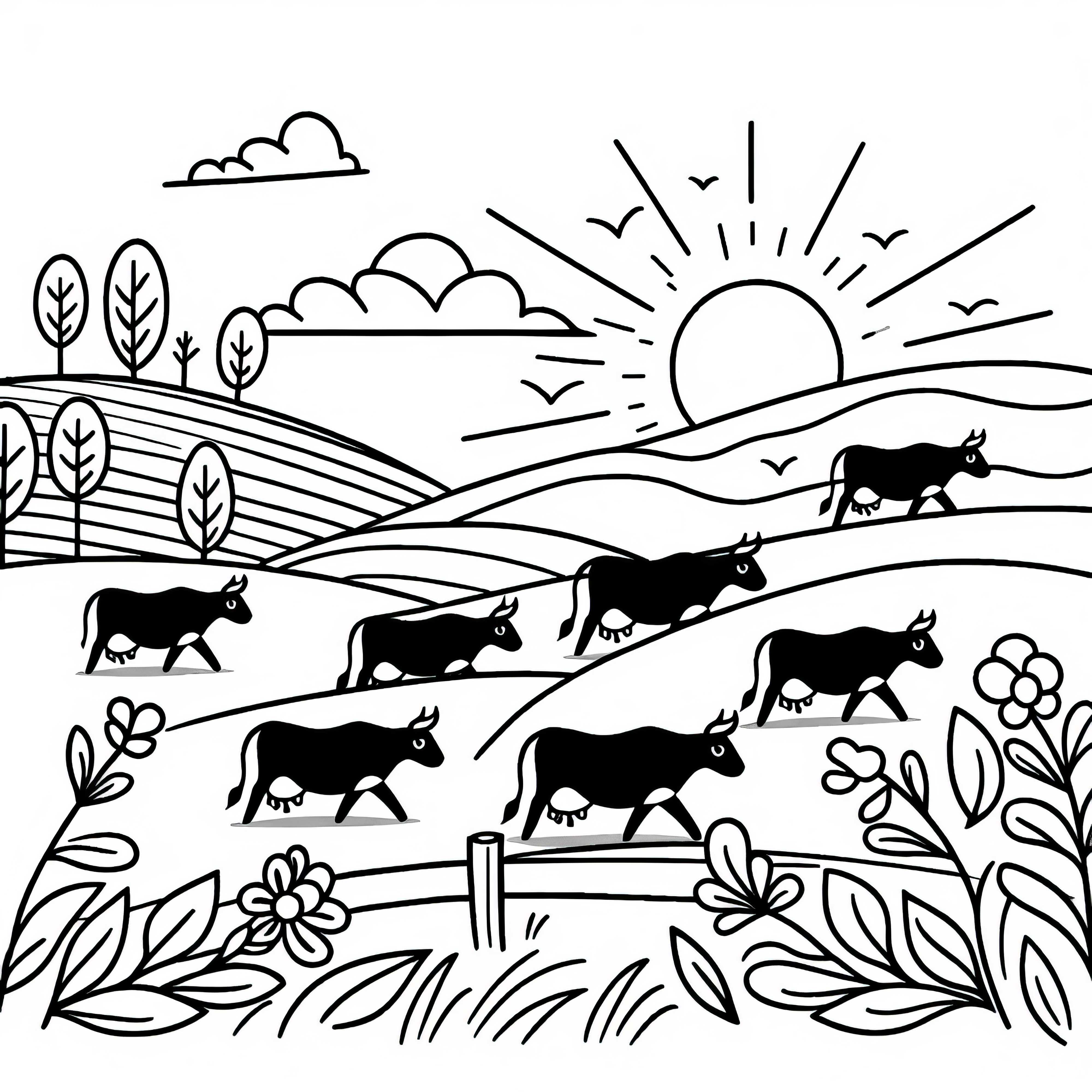 La manada de vacas pasa por una colina al atardecer: Dibujo para colorear sencillo (Gratis)