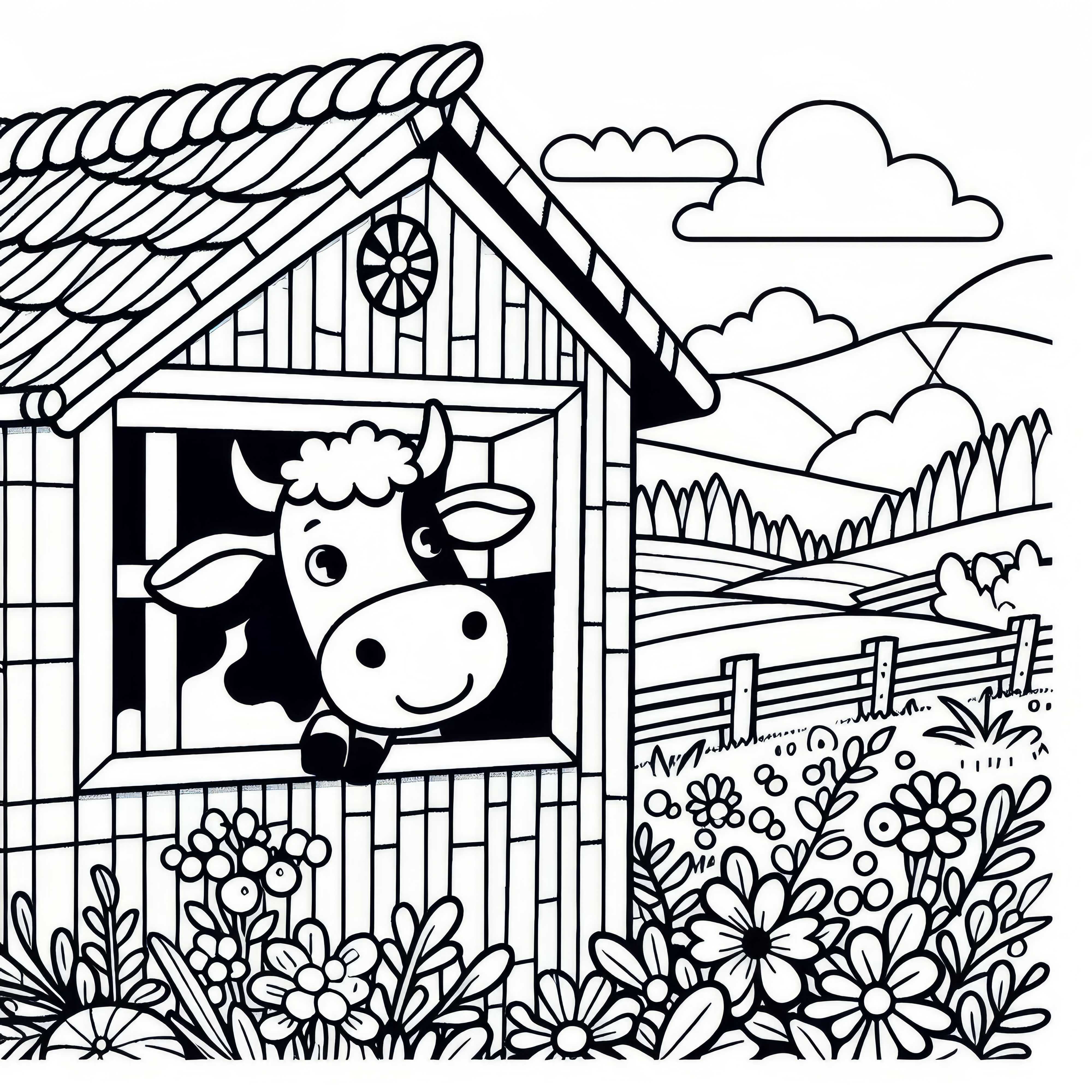 Vaca mirando por la ventana de un granero: Dibujo para colorear simple (Gratis)