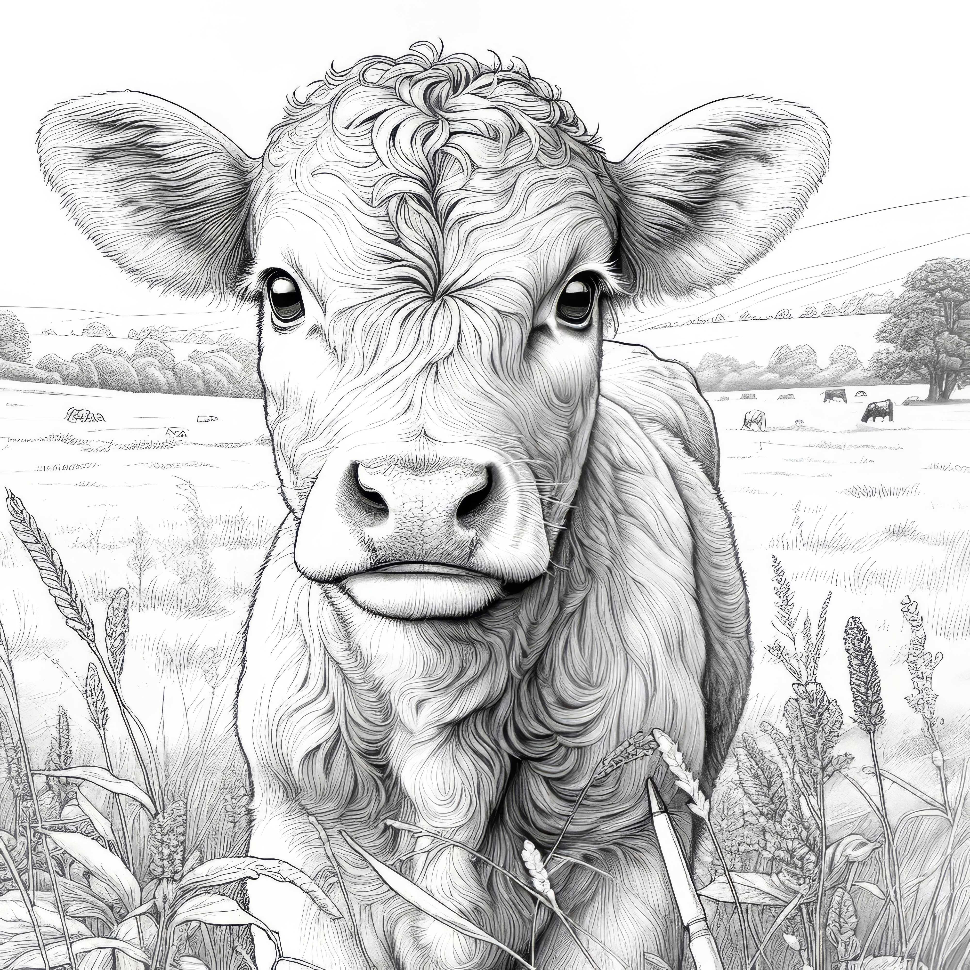Vaca en el prado: Plantilla para colorear detallada (Gratis)
