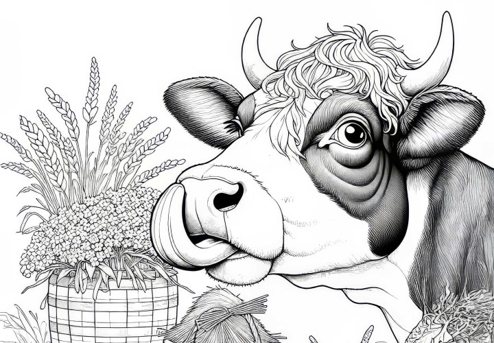 Vaca curiosa con cestas llenas de comida: Vida campestre para colorear (Gratis) Vaca curiosa con cestas llenas de comida: Vida campesina para colorear (Gratis)