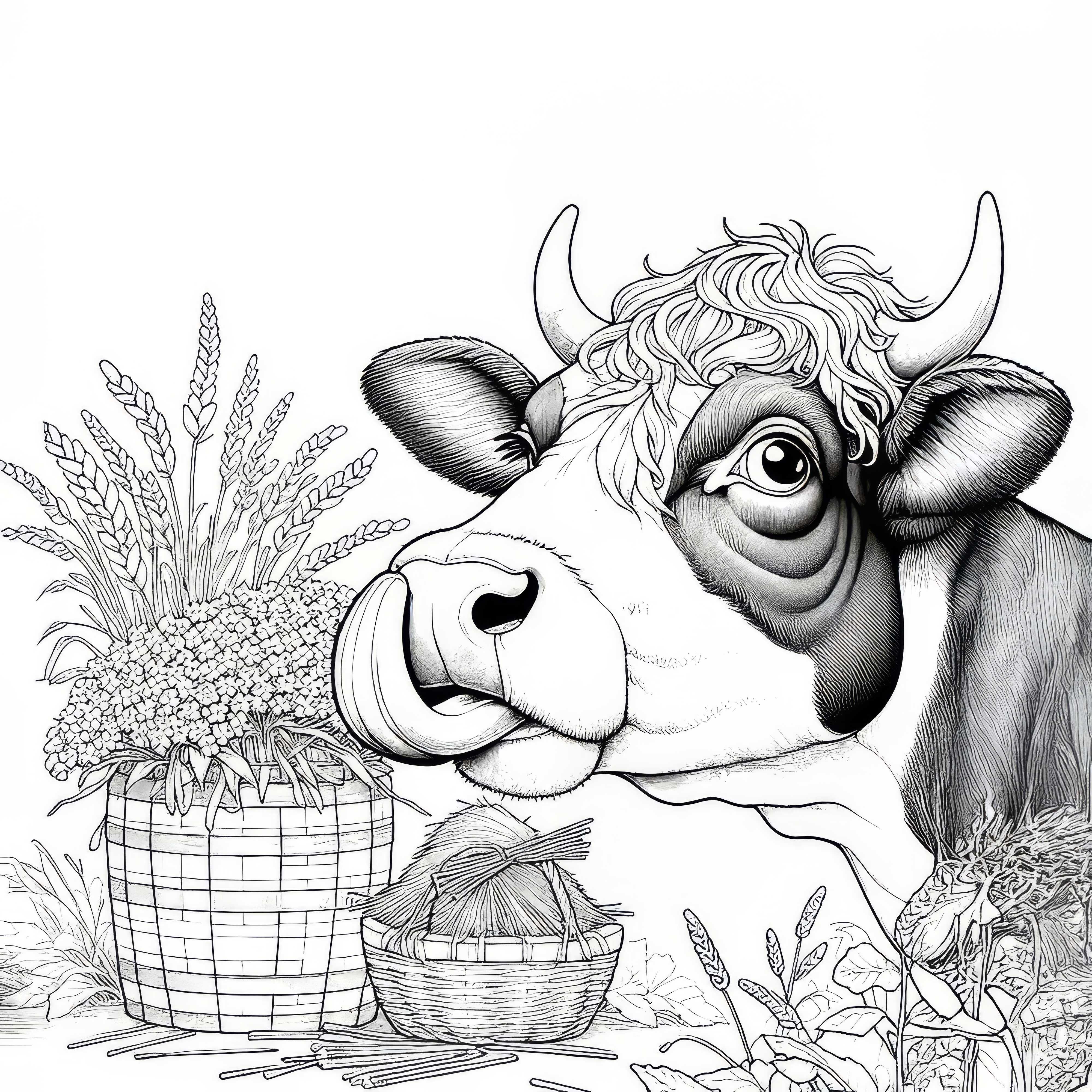 Vaca curiosa con cestas llenas de comida: Vida rural para colorear (Gratis)