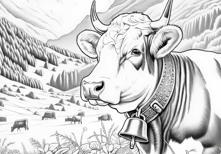 Vaca con campana al cuello en paisaje alpino: Imagen para colorear para descargar (Gratis) Vaca con campana alrededor del cuello en paisaje alpino: Imagen para colorear para descargar (Gratis)