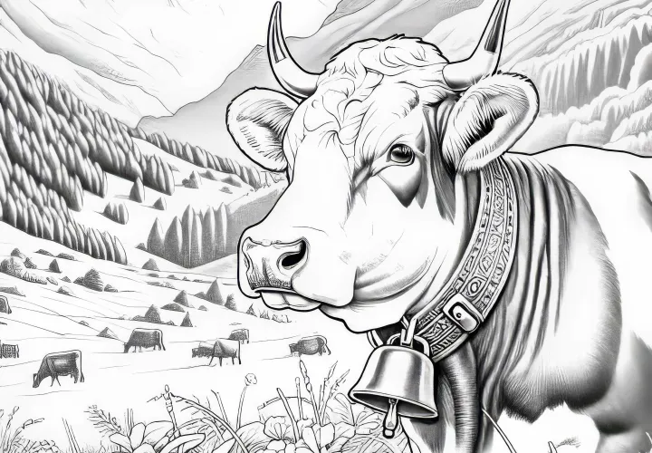 Koe met bel om de hals in Alpenlandschap: Kleurplaat om te downloaden (Gratis)