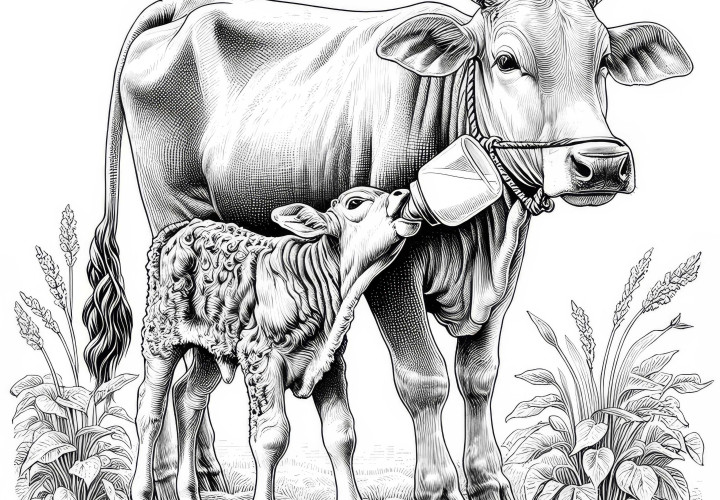 Pequeño ternerito bebe leche junto a su madre vaca: Imagen para colorear detallada (Gratis) Pequeño ternerito bebiendo leche al lado de la madre vaca: Imagen para colorear con muchos detalles (Gratis)