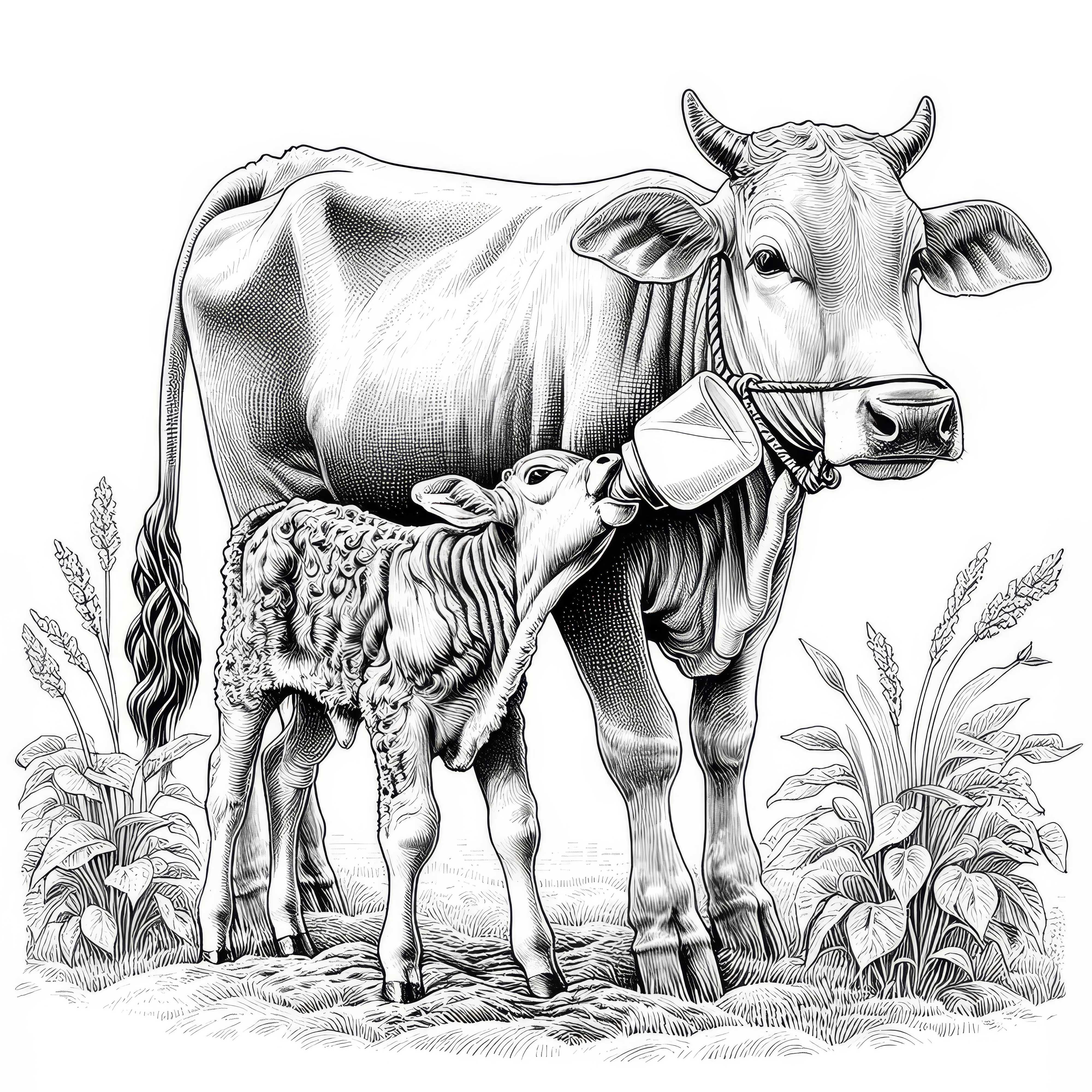 Pequeño ternero bebe leche junto a la vaca madre: Imagen para colorear detallada (Gratis)