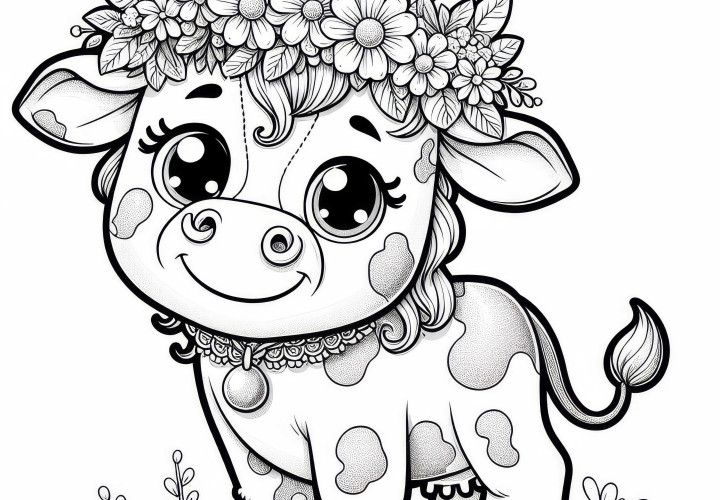 Vaca alegre con corona de flores en la cabeza como plantilla para colorear (Gratis) Vaca alegre con corona de flores en la cabeza como plantilla para colorear (Gratis)