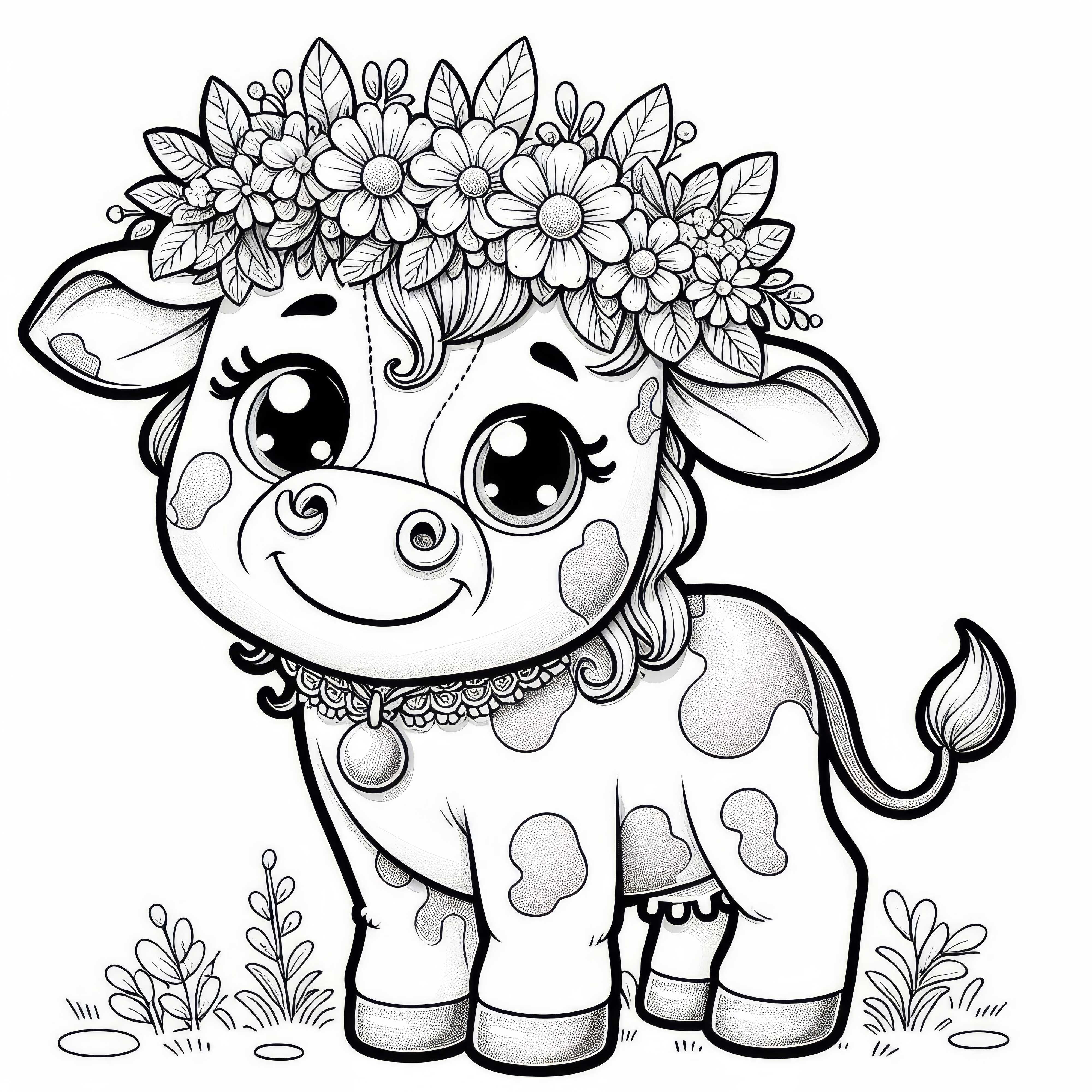 Vaca feliz con corona de flores en la cabeza como plantilla para pintar (Gratis)