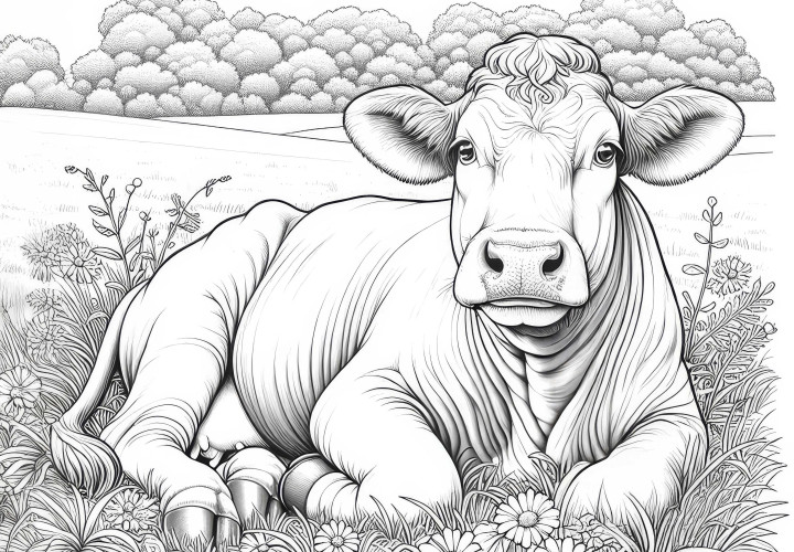 Vaca relajada en la hierba: Plantilla para colorear para descargar (Gratis) Vaca relajada en la hierba: plantilla para colorear para descargar (gratis)