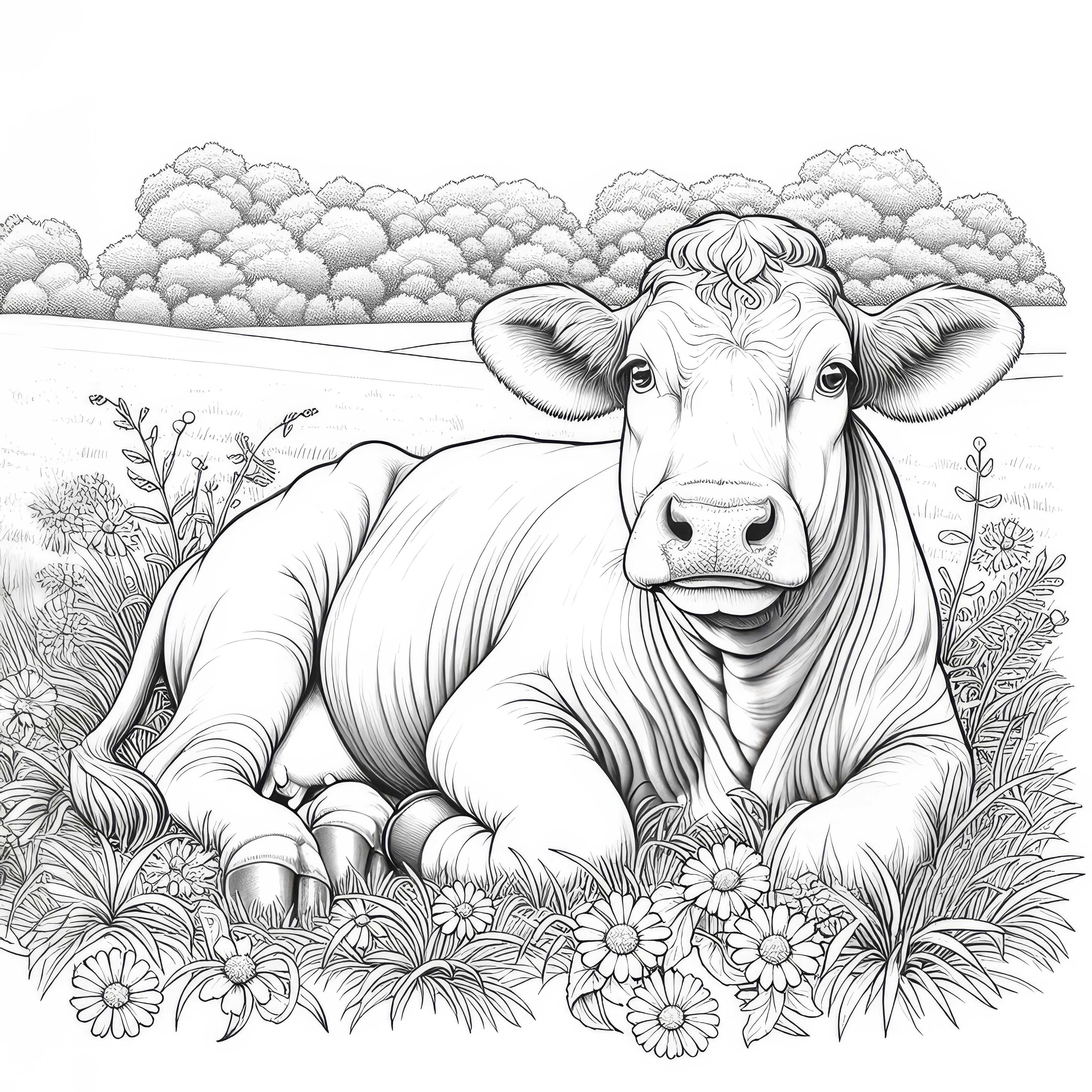 Vaca tumbada relajadamente en la hierba: Plantilla para colorear para descargar (Gratis)