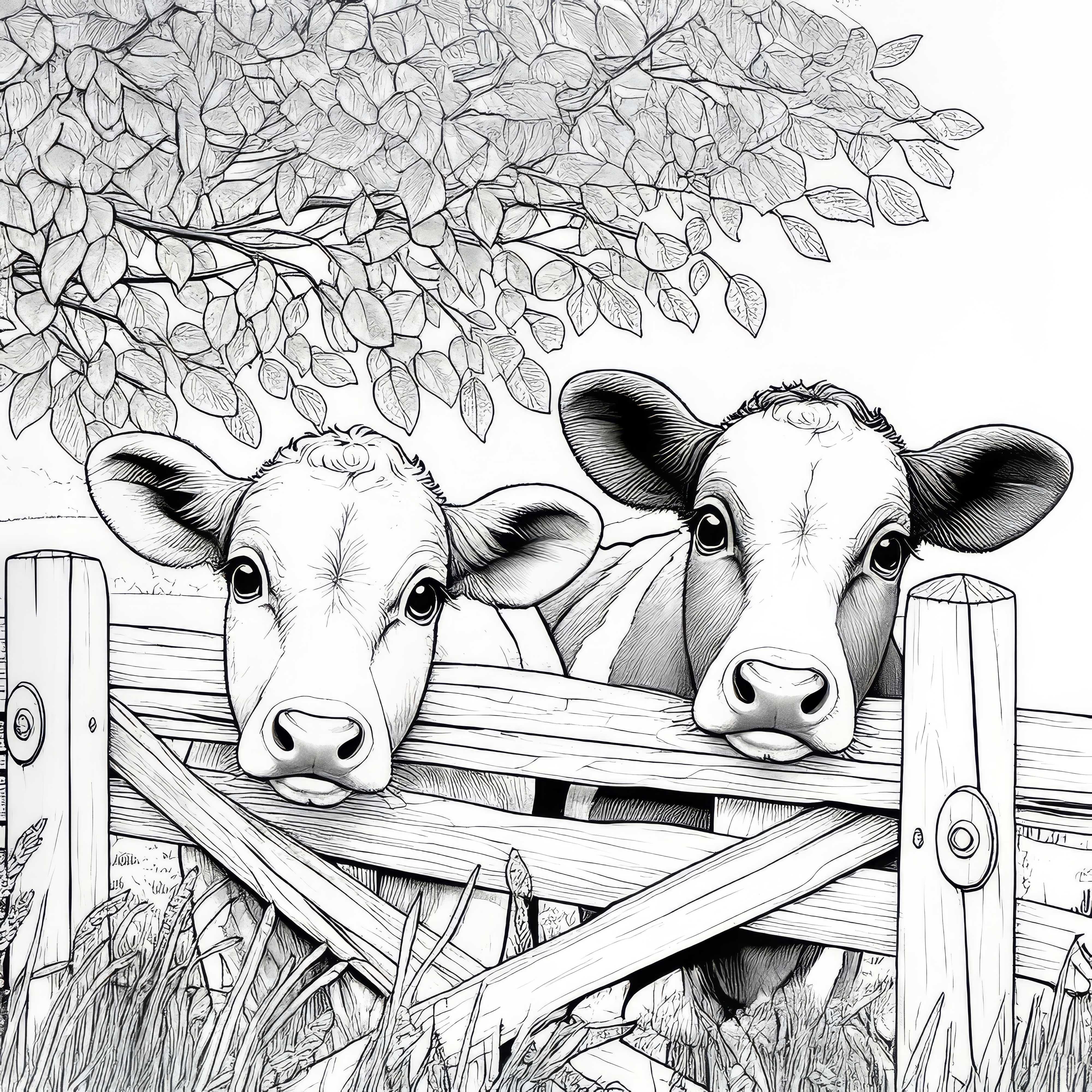 Dos vacas miran curiosamente por un cercado de madera: plantilla para colorear para descargar (gratis)