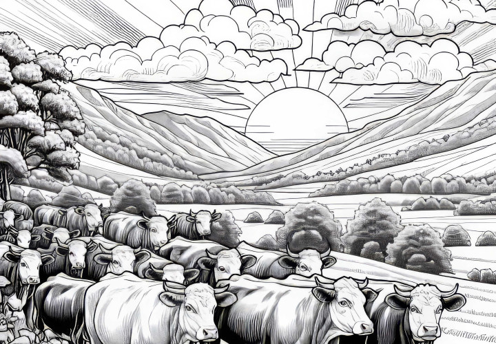 Rebaño de vacas paseando por el paisaje: Plantilla para colorear detallada (Gratis) Rebaño de vacas paseando por el paisaje: Plantilla para colorear con muchos detalles (Gratis)