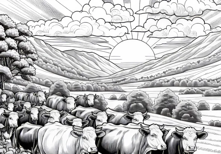 Koe herd loopt door landschap: Gedetailleerde kleurplaat (Gratis)