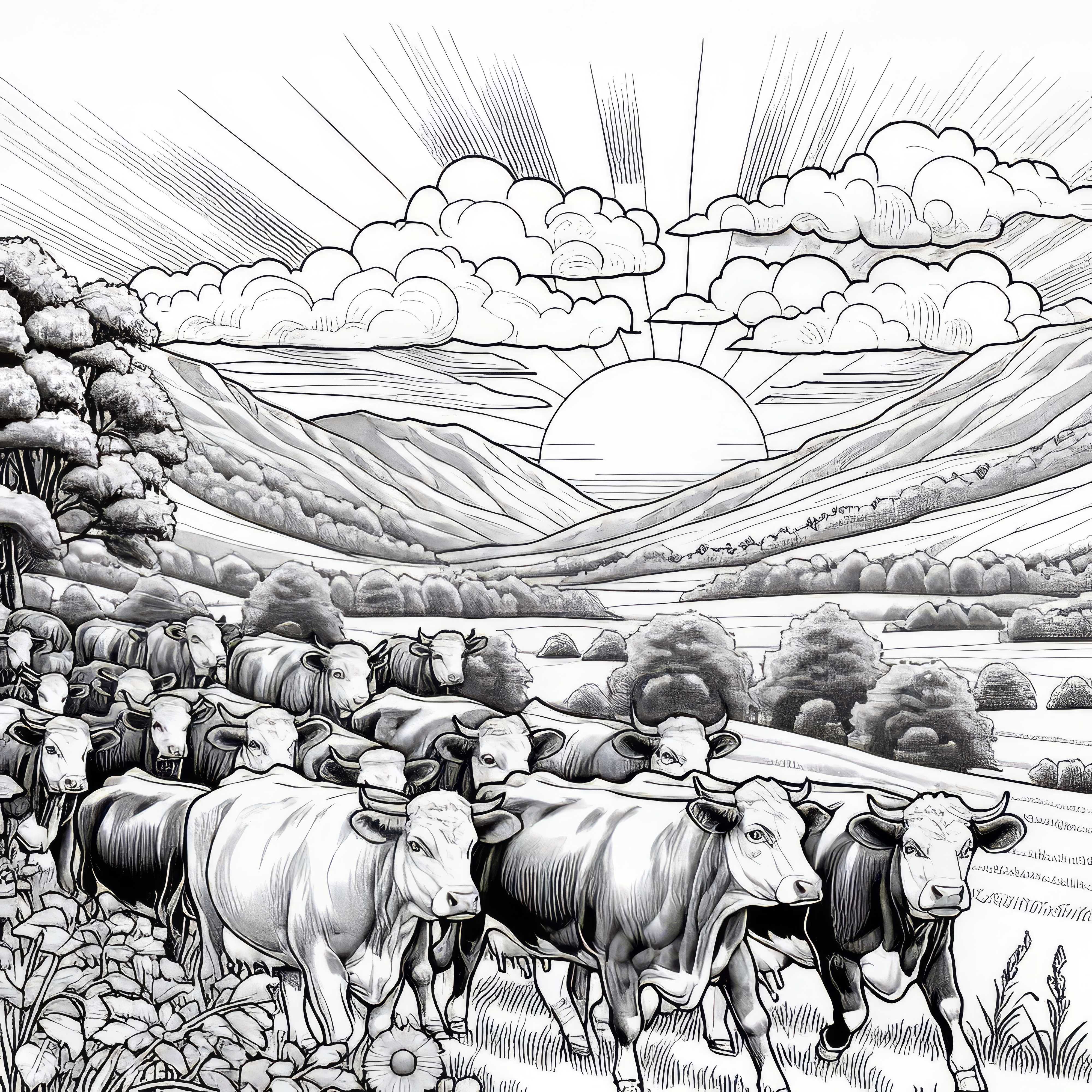 Rebaño de vacas recorriendo el paisaje: Plantilla para colorear detallada (Gratis)