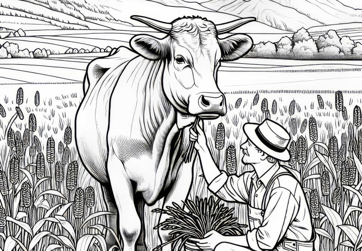 Vaca acariciada por el granjero en el pasto: Imagen para colorear detallada (Gratis) Vaca acariciada por el granjero en el prado: ilustración para colorear con muchos detalles (Gratis)