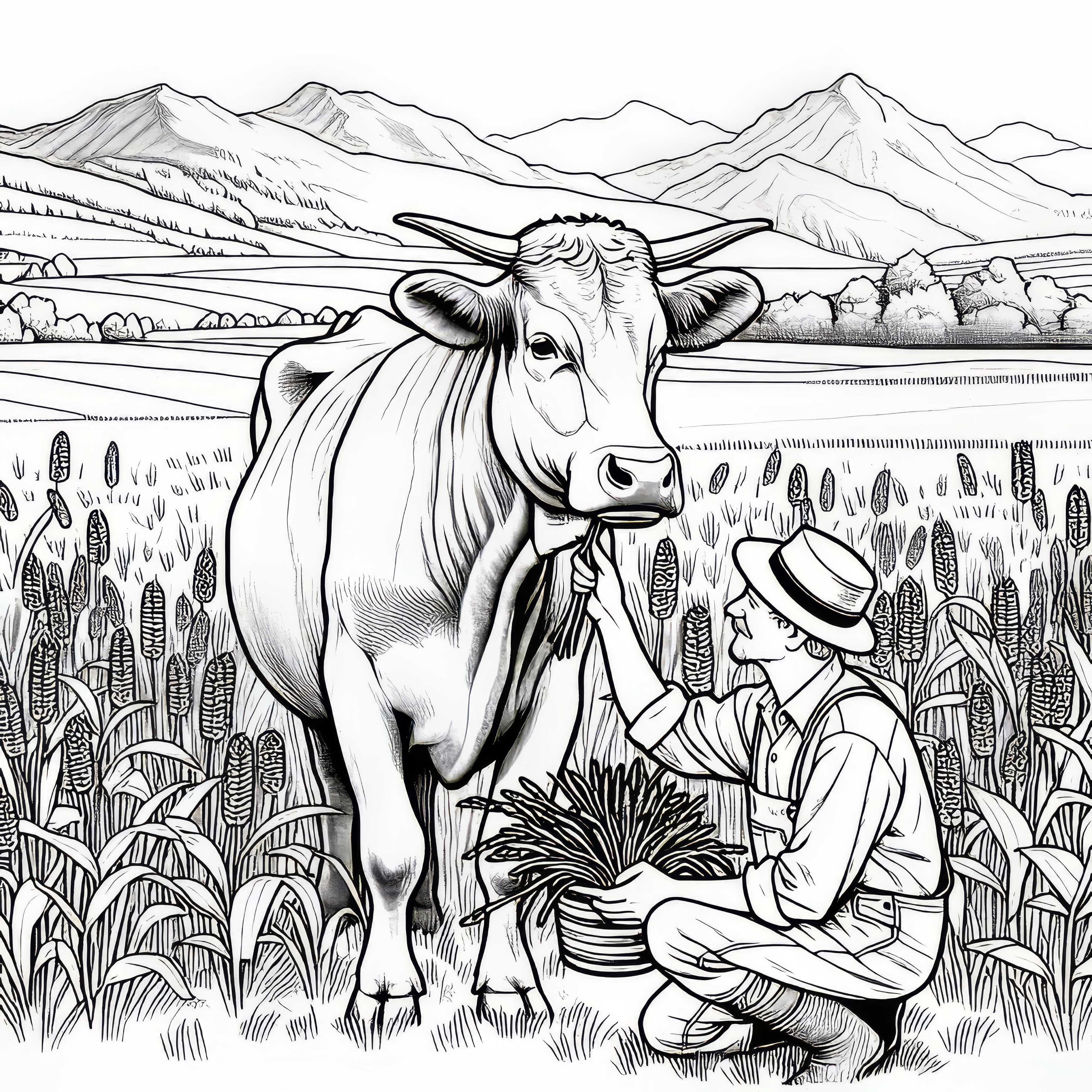 La vaca es acariciada por el granjero en el prado: Imagen para colorear con muchos detalles (Gratis)