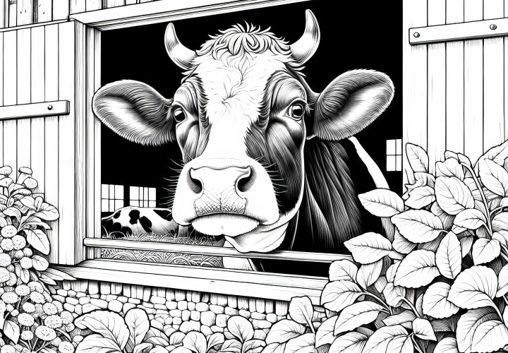Vaca mira por la ventana del granero: plantilla para colorear para descargar (gratis) Vaca mira por la ventana del establo: plantilla para colorear para descargar (Gratis)